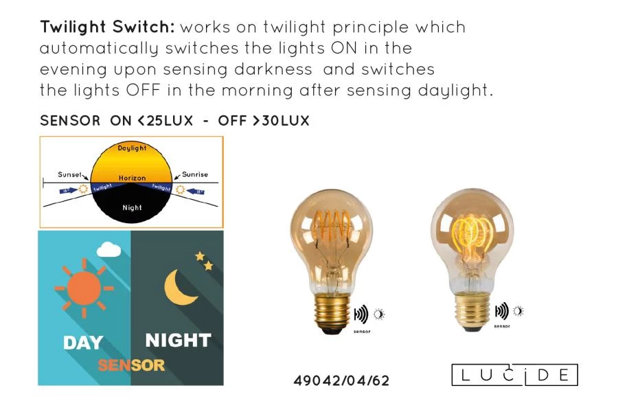 Lucide A60 TWILIGHT SENSOR - Ampoule filament - Ø 6 cm - LED - E27 - 1x4W 2200K - Détecteur Jour/Nuit - Ambre - détail 9